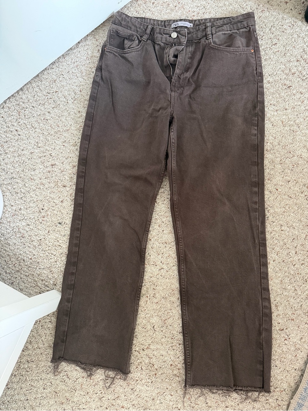 Zara High-Rise Straight Leg Brown Jeans